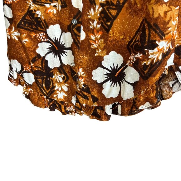 Black Point Hawaiian Brown Barkcloth Hibiscus Floral Ruffle Sleeveless Top - Picture 2 of 9